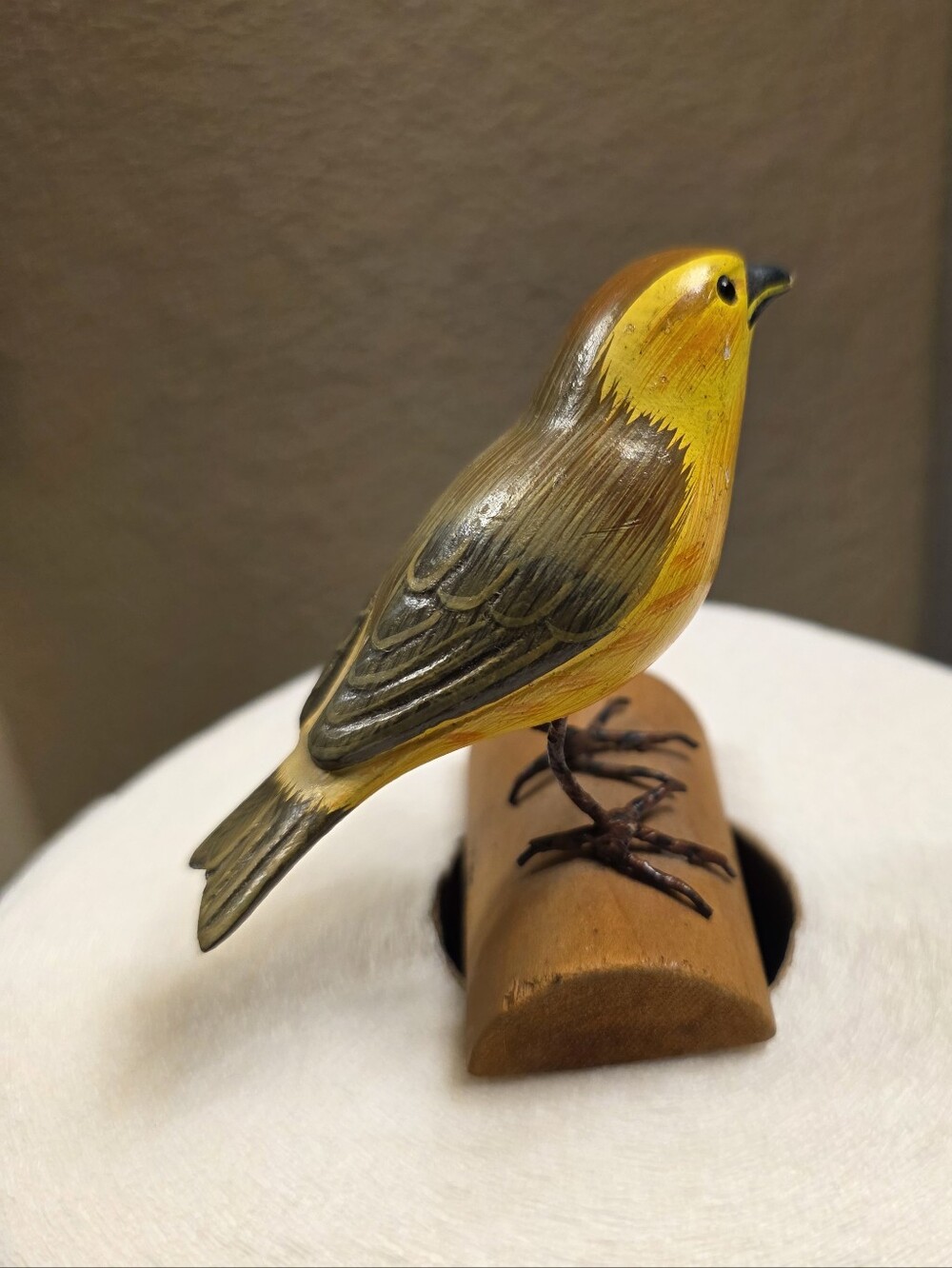 Vintage Wooden Bird Figurine Hand Painted Yellow Green Folk Art Decor Rustic